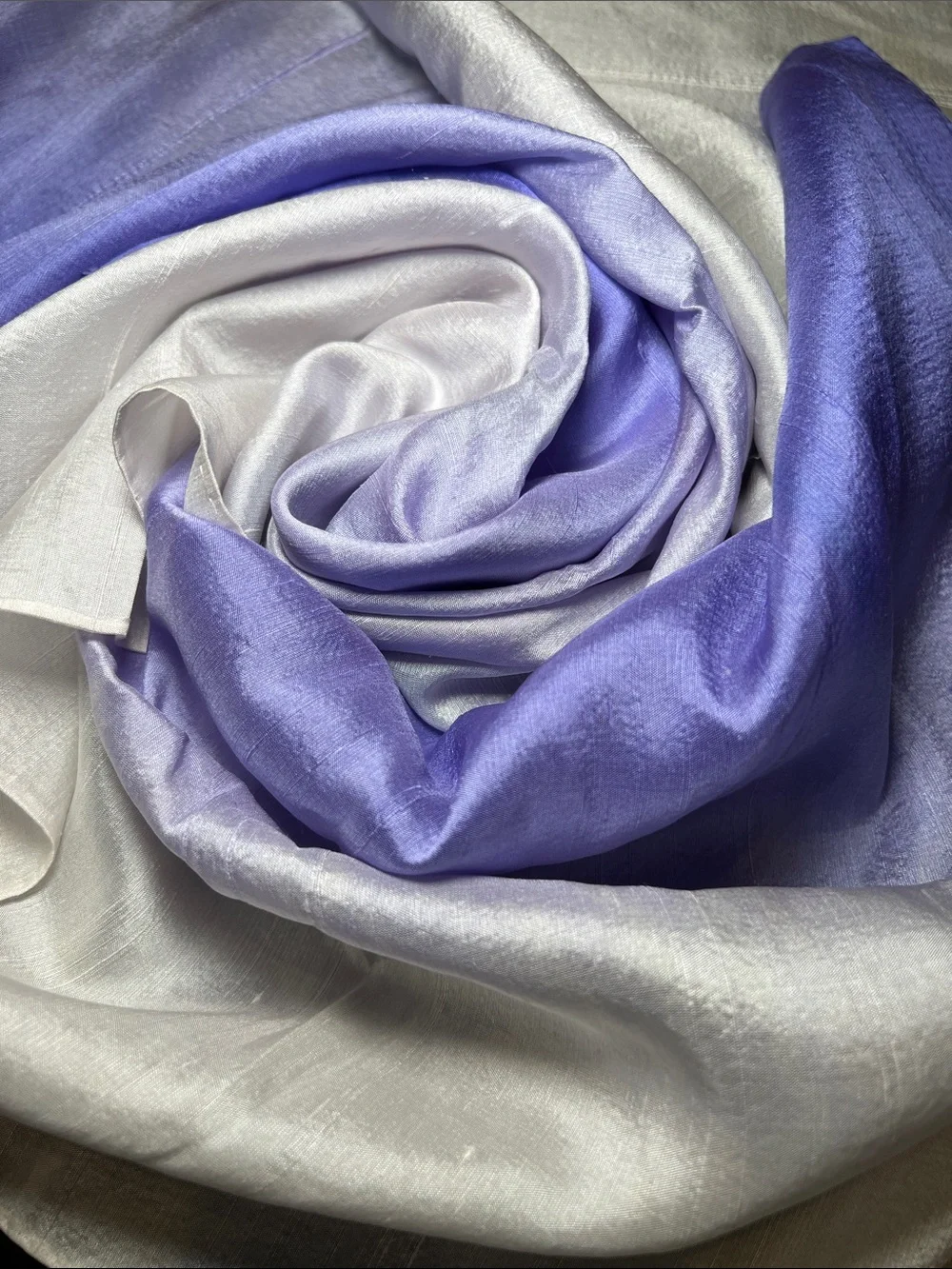 100% Silk Dupioni Handrolled Edge Hand-Dyed Purple Cream Ombre Gradient Scarf